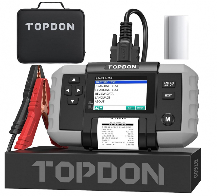 TOPDON BT600 12V , 12V/24V starttest och laddning av generatortest 100-2000CCA Digital batteritestare, 3,5” skärm med inbyggd skrivare  i gruppen Produkter / Batteritestare hos Prylteknik 7H AB (100-378)